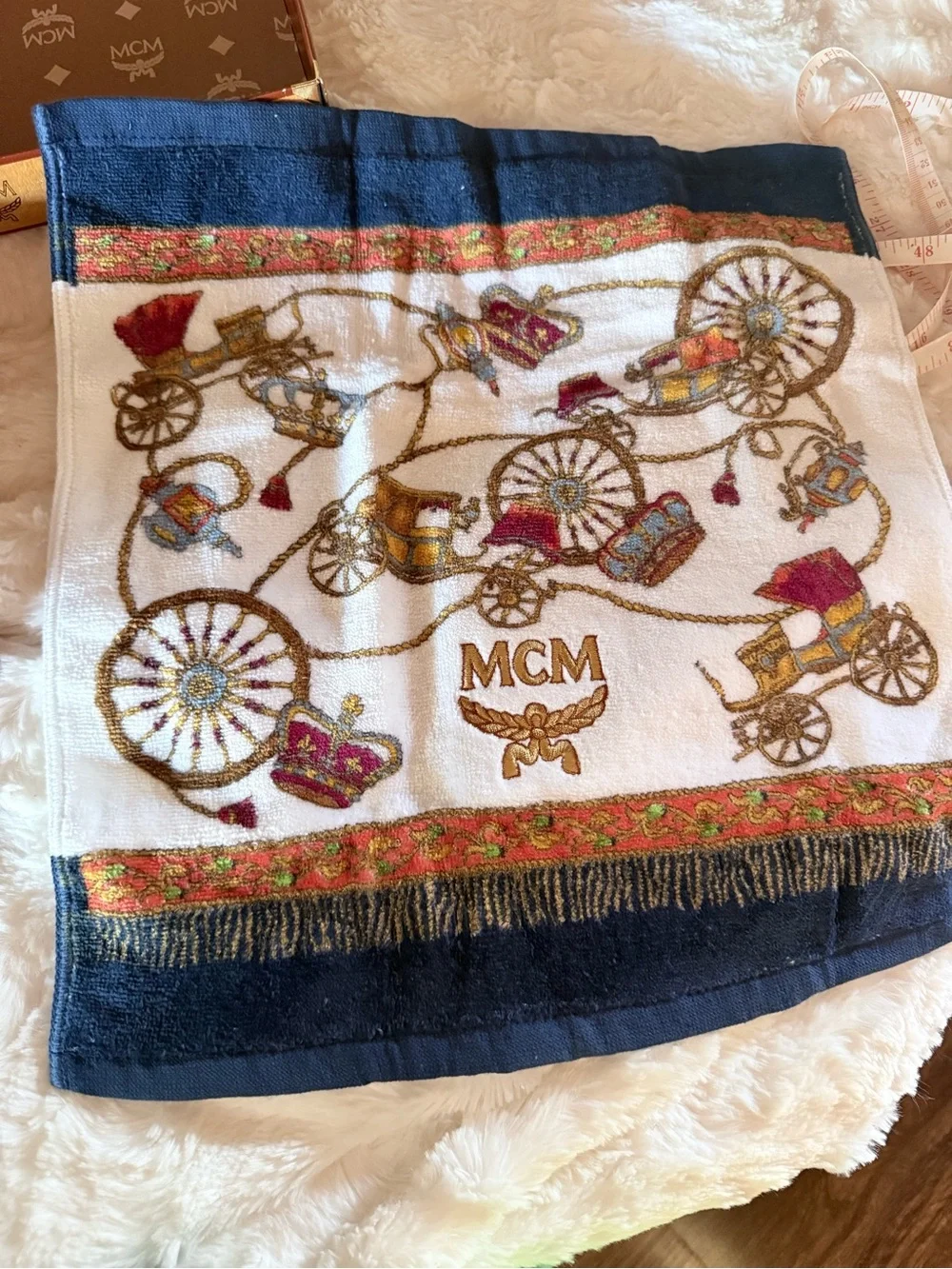 MCM White Hand Towel with Multicolor Carriage Embroidery